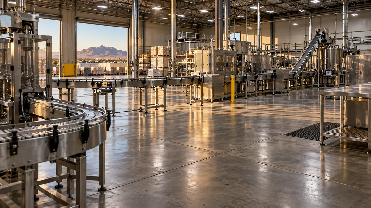 Wide view of an industrial production floor after a cleanup, degreased conveyor lines and swept sealed concrete under tall ceiling lights