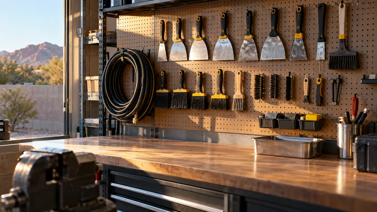 A shop pegboard wall with scrapers and brushes hung in neat rows above a clean workbench and a coiled hose