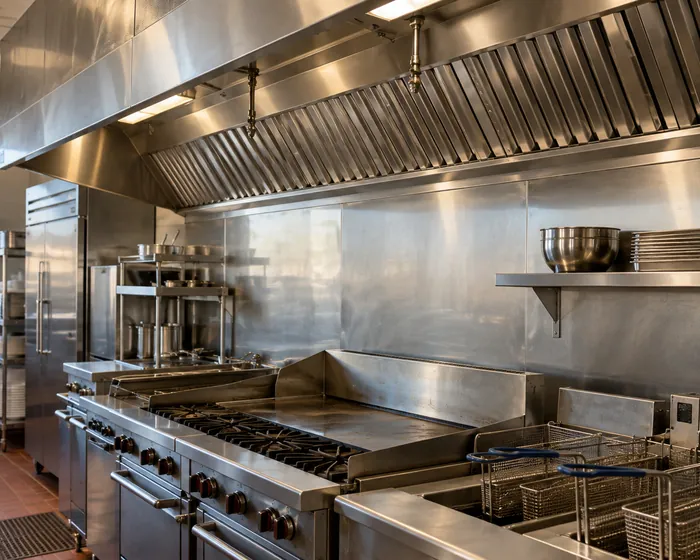 Stainless kitchen exhaust hood over a cooking line, cleaned down to bare metal