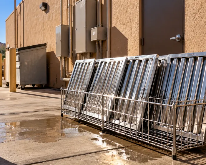 Row of degreased stainless hood filters drying in a rack outdoors
