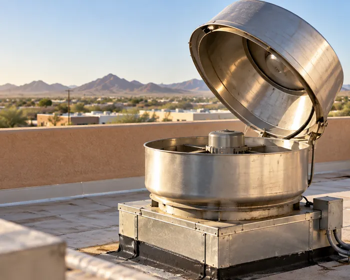 Exhaust fan tilted open on a hinge on a flat roof, clean inside