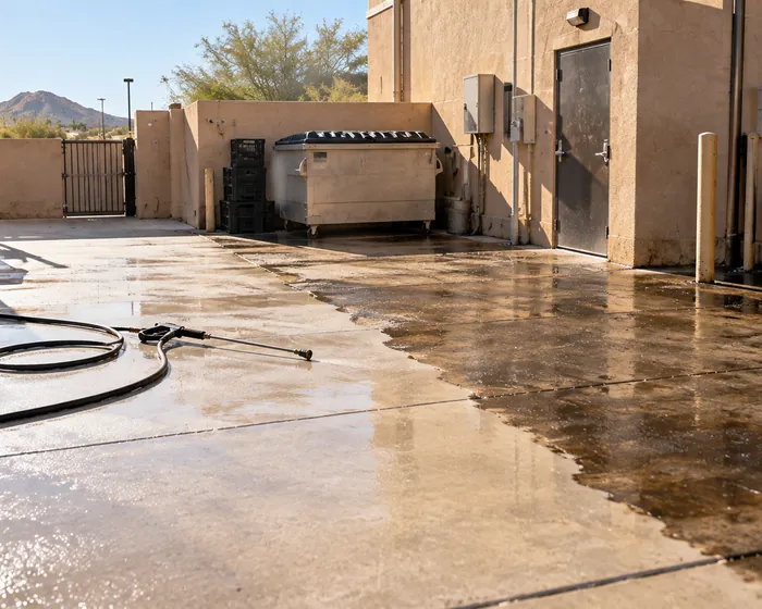 Concrete behind a restaurant, half pressure washed clean and half still stained