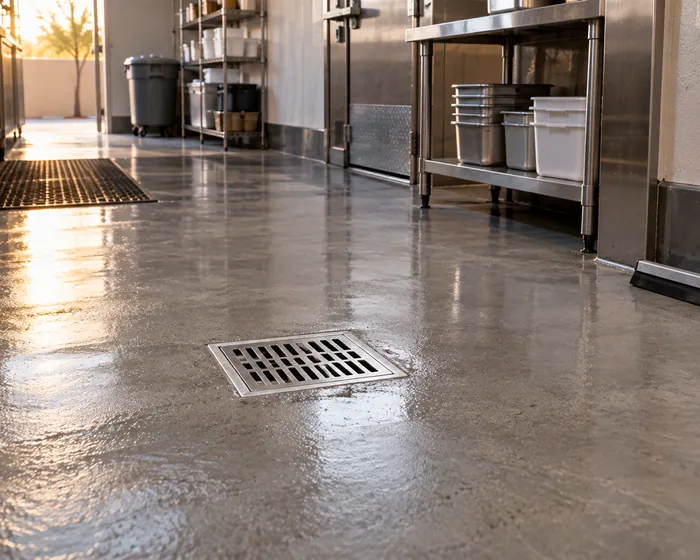 Sealed concrete kitchen floor scrubbed clean around a shining floor drain