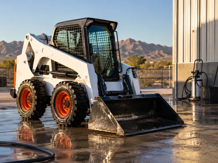 Degreased skid steer loader on a concrete wash pad