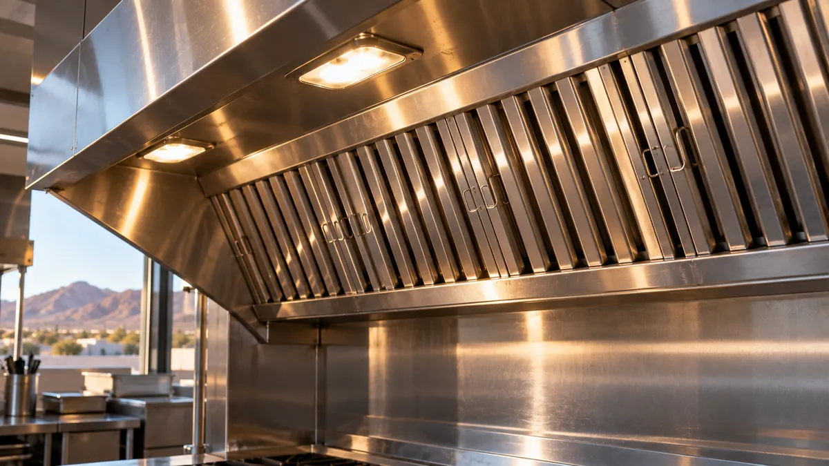 Stainless kitchen exhaust hood over a restaurant cooking line, cleaned down to bare metal
