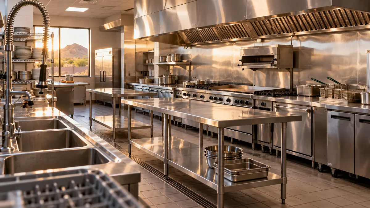 Wide view across a finished restaurant kitchen from the dish area, one long clean hood over the cooking line and empty prep tables shining below it